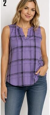 Eddie Bauer Womens Large Purple Plaid Sleeveless V Neck Blouse Casual Top